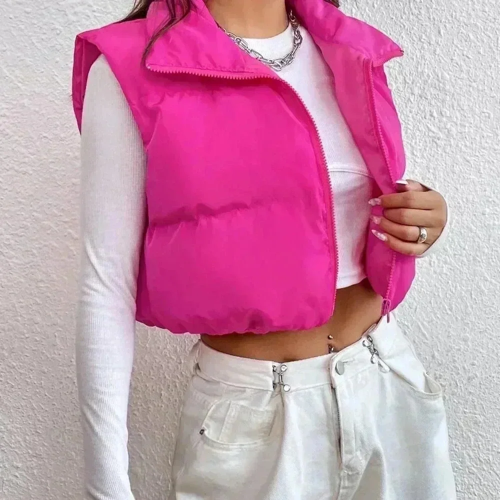 Hot Pink Casual Women's Y2k Zipper Front Vest Padded Coat